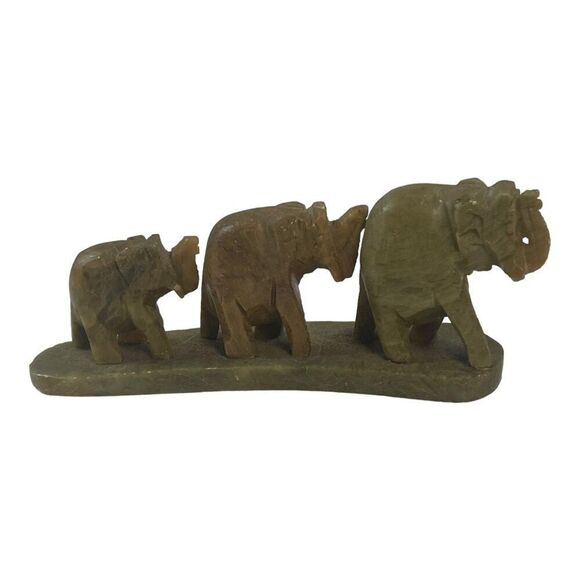 Hand-Carved Soapstone Elephant Family Set Vtg Trunks Up Good Luck Paperweight - Picture 1 of 7